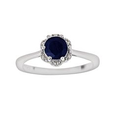 Beaded details decorate the scalloped frame. Scrollwork adorns the sides of the setting. Ring comes in a gift box. Details:  5-mm width Rhodium-plated sterling silver  Size: 10. Color: Blue. Gender: female. Age Group: adult. Sapphire Cluster Ring With Gemstone, Round Birthstone Ring With Halo Setting For Promise, Sapphire Halo Promise Ring, Sapphire Halo Design Promise Ring, Sapphire Halo Design Ring, Formal Round Sapphire Birthstone Ring, Formal Sapphire Birthstone Ring, Formal Halo Design Birthstone Ring, Sapphire-colored Diamond Promise Ring