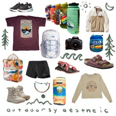 an assortment of items that include shoes, backpacks, and t - shirts are shown