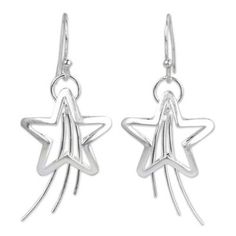 Wararat Supasirisuk catches a couple of shooting stars and transforms them into admirable earrings. Crafted with sterling silver their dazzling glow is mesmerizing. .925 rating. Silver Star Charm Earrings, Elegant Silver Earrings With Star Charm, Silver Star-shaped Pierced Earrings, Hypoallergenic Sterling Silver Star Earrings, Sterling Silver Star Earrings In Silver, Silver Star-shaped Sterling Silver Earrings, Sterling Silver Earrings With Star Charm, Silver Sterling Silver Earrings With Star Charm, White Gold Star-shaped Sterling Silver Earrings