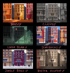 four different types of buildings with names in each window and the words jazzy, louvy, starbuck's, jungle