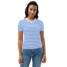 Introducing the Women's Blue and White Striped T-Shirt, a stylish blend of comfort and sophistication. Crafted from a premium blend of 95% polyester and 5% elastane, this T-shirt offers a regular fit and features a white with blue stripe pattern. With its four-way stretch fabric, it ensures flexibility and all-day comfort. Whether you're dressing it up for work or enjoying a relaxed day out, this white blue striped T-shirt effortlessly combines style and ease, making it a must-have addition to y Short Sleeve Striped T-shirt For Spring, Striped T-shirt With Contrast Stripes For Summer, Blue Short Sleeve T-shirt With Contrast Stripes, Blue Horizontal Stripe Crew Neck Tops, Blue Striped Short Sleeve T-shirt, Blue Crew Neck Tops With Horizontal Stripes, Blue Short Sleeve T-shirt With Three Stripes, Blue Horizontal Stripe Cotton T-shirt, White Vertical Stripes T-shirt For Spring