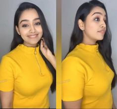 two pictures of a woman with long hair and wearing a yellow shirt, smiling at the camera