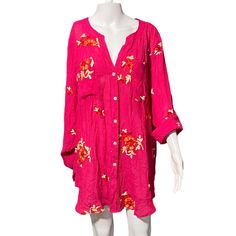 Made By Fig & Flower. Pink Top With Embroidered Floral Pattern. Features Front Pockets And 3/4 Length Sleeves That Can Be Rolled Up. Material: 55% Polyester, And 45% Rayon. Size 2x. Approximate Measurements: 23"Ptp And 30"L. Nwt, No Flaws. Vacation Half Sleeve Blouse With Floral Print, Floral Print 3/4 Sleeve Blouse For Vacation, Floral Print Half Sleeve Blouse For Beach, Half Sleeve Floral Print Blouse For Beach, Half Sleeve Blouse With Floral Print For Beach, Pink Half Sleeve Blouse For Summer, Pink Half Sleeve Summer Blouse, Half Sleeve Blouse For Beach In Spring, Floral Print Beach Blouse With 3/4 Sleeves