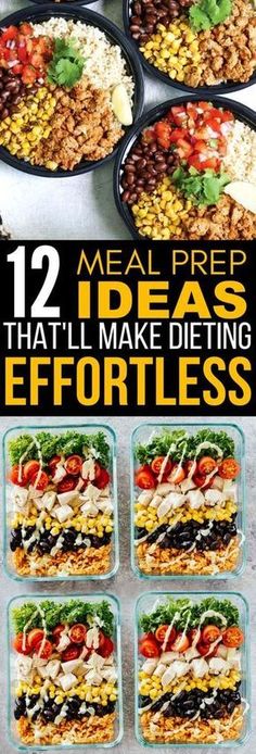 six meal prepped meals in plastic containers with text overlay that reads 12 meal prep ideas that i'll make dieting effort