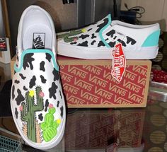 Custom handmade, western cactus vans  made to order  not one pair of Shoes are the exact same as they are custom. Can be made to any size It can ship in 2 weeks White Vans Painted Shoes Ideas, Western Painted Vans, Diy Painted Vans, Western Vans, Painted Vans Slip On, Vans Painted Shoes Ideas, Painted Vans Shoes, Painted Shoes Ideas, Vans Ideas