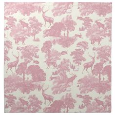 a pink and white wallpaper with deer, trees and birds on it's side