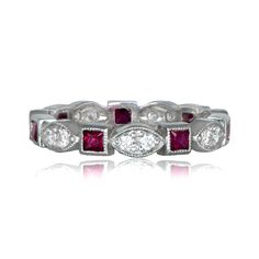 A beautiful vintage style wedding band, adorned with diamonds and French-cut rubies and mounted in a stunning platinum setting. Classic Red Diamond Ring With Single Cut Diamonds, Elegant Red Round Cut Eternity Band, Classic Marquise Ruby Ring With Brilliant Cut, Classic Red Ruby Ring With Single Cut Diamonds, Classic Ruby Ring With Single Cut Diamonds, Classic Ruby Eternity Band For Wedding, Classic White Gold Ruby Ring With Single Cut Diamonds, Classic Ruby Eternity Band For Formal Occasions, Elegant Red Eternity Band For Anniversary