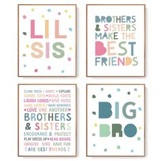 four colorful posters with the words big brother, little sister, and sisters on them