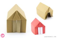 two origami houses and a paper house are shown in three different angles, one is folded to the side