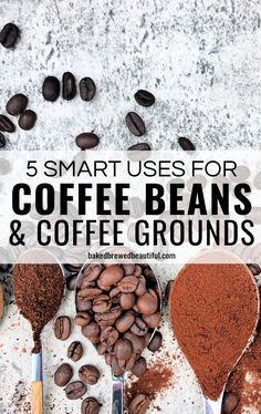 coffee beans and spices on spoons with text overlay reading 5 smart uses for coffee beans & coffee grounds