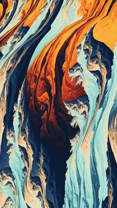 an abstract painting with orange, blue and yellow colors in the water that looks like waves