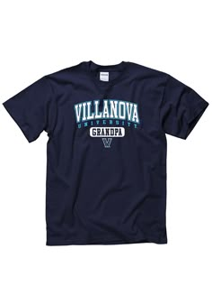 Show off your team pride in this Villanova Wildcats Navy Blue Grandpa Short Sleeve T Shirt! This Villanova Short Sleeve Tee features a Screen print of team name with team logo and "Grandpa" on front chest. Make sure everyone knows you root for the Wildcats with this Navy Blue Villanova T Shirt. Go Wildcats! Classic Fit, Tubular construction, Taped neck and shoulders, Quarter-turned to eliminate center crease, Unisex, Fit: True to Size, 100% Cotton Mom Tee Shirts, Dad Shorts, Navy Mom, Back To School Fits, T Shirt Png, Shirt Png, Cute Sweatshirts, Team Name, Athletic Outfits