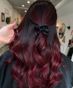 Red Cherry Highlights On Black Hair, Deep Red And Black Hair, Red Balayage Brown Hair, Cherry Red And Brown Hair, Dark Red Dyed Hair, Cherry Red Highlights, Red Balayage Hair, Wine Hair Color, Dark Red Hair Color