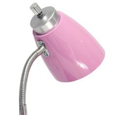 a pink desk lamp with a silver metal arm and light bulb on the end, in front of a white background