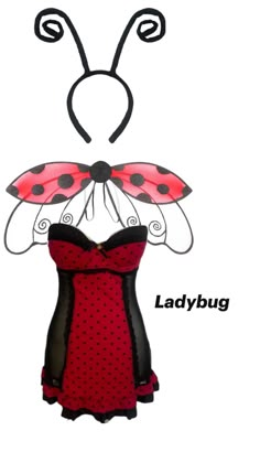 ladybug in red dress with black polka dots on the bottom and white background