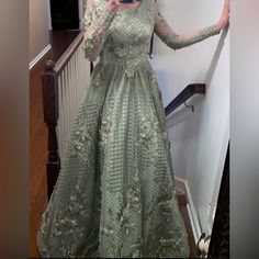 Custom Made Light Olive Green Gown. Fully Sleeved. Only Worn Once. Belt Not Included. Olive Green Gown, Celebrity Brides, Light Olive Green, Unconventional Wedding, Green Gown, White Gown, How To Make Light, 4 Dresses, Traditional Dresses