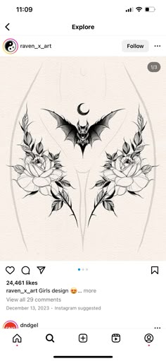 an image of a bat and roses tattoo on someone's twitter page, with the caption below it