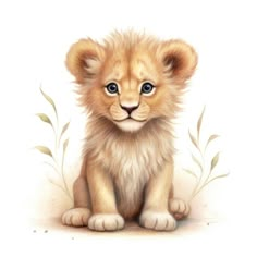 a little lion cub sitting on the ground with its eyes wide open and looking at the camera