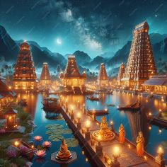 an artist's rendering of a floating city in the middle of a lake at night