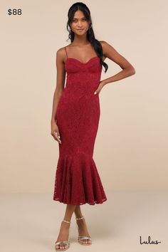 Celebrate your blooming romance in the Lulus Found Your Love Wine Red Lace Sleeveless Trumpet Midi Dress! Stunning floral lace, atop a matching stretch knit liner, shapes this dress that has adjustable spaghetti straps, a sweetheart neckline, and a seamed bustier bodice with grosgrain ribbon accents. A darted waist tops a figure-hugging midi skirt that ends at a flaring trumpet hem. Hidden back zipper/clasp. Fit: This garment fits true to size. Length: Mid-calf length. Size medium measures 44.5" Midi Dress Outfit Classy, Midi Dress Lace, Red Lace Midi Dress, Anniversary Dress, Midi Dress Outfit, Clothes Cc, Casual Formal Dresses, Trumpet Dress, Lace Bustier