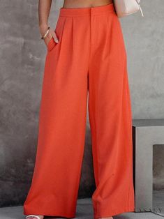 Lasaky - High-Waisted Wide-Leg Trousers for Casual Style - Orange Getaway Dress, Orange Pants, Elegant Drapes, Strappy Dresses, Chiffon Long Sleeve, Fitted Trousers, Daily Dress, Pant Length, Skirt Design