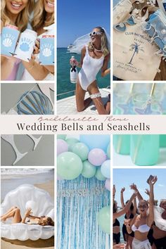 wedding bells and seashells collage with photos from the bride and groom to their guests