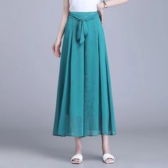 Olivia Mark - Flowy Wide Leg Chiffon Pants Capri Culottes Wide Leg Skirt Casual Blue Chiffon Bottoms, Summer Pleated Full-length Bottoms, Pleated Full-length Summer Bottoms, Pleated Full Length Summer Bottoms, Summer Full-length Pleated Bottoms, Summer Full Length Pleated Bottoms, Non-stretch Green Long Skirt, Green Non-stretch Long Skirt, Casual Pleated Chiffon Bottoms