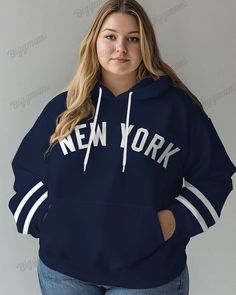 This womens hoodie in blue blends classic collegiate style with modern flair. Featuring subtle letter prints and striped details, it offers a relaxed fit. Its simple yet stylish design makes it easy to pair with various outfits, giving you effortless charm. Specifications: Type: Womens Hoodies Design: Print, Letter, Stripe, Blue Details: Kangaroo Pocket, Drawstring Style: Preppy Neckline: Hooded Fit: Loose Sleeve Length: Long Sleeve Elasticity: Slightly Stretchy Care Cleaning: Machine Wash, Tumb New York Print, Collegiate Style, Womens Hoodie, Womens Hoodies, Bring The Heat, Style Preppy, Plus Size Womens Clothing, Hoodies Design, Women's T Shirts