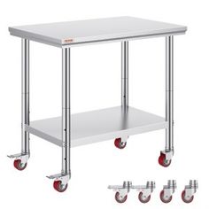 the stainless steel table is on wheels and has four red casteors to hold it