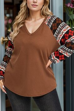 V-Neck Geometric Patchwork Knit Long Sleeve Blouse Brown Knit Patchwork Top, Knit Patchwork V-neck Sweater, Fall Patchwork V-neck Sweater, Fall V-neck Patchwork Sweater, Geometric Patchwork, Patchwork Knit, Knit Long Sleeve, Sleeve Blouse, Long Sleeve Blouse