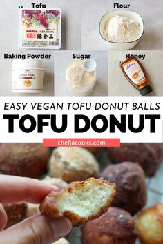 an image of tofu donuts with ingredients in the background and instructions on how to make them