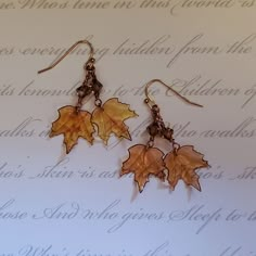 "Beautiful acrylic Maple Fall Leaves are handmade with gold finish posts or ear wires.  1 3/8\" length with wires." Autumn Fine Jewelry, Cheap Fall Season Jewelry, Earrings Fall Leaves Necklace, Cheap Fall Jewelry, Fall 2022 Jewelry, Elvenyellow Jewelry, Cheap Earrings For Gift In Fall Season, Cheap Women's Fall Jewelry, Earrings Fall 2022