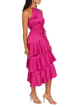 Flamenco-inspired ruffled tiers are sure to put some sashay in your step wearing this party-ready frock crafted of lustrous satin. Back keyhole with button-and-loop closure Square neck Sleeveless, with cutaway shoulders Removable sash Partially lined 100% polyester Hand wash, line dry Imported Satin Party Dress With Ruffle Hem, Dressy Satin Dress With Ruffles, Fitted Midi Dress With Layered Hem For Party, Ruffled Satin Dress For Evening, Sleeveless Ruffled Satin Dress For Summer, Glamorous Satin Dress For Brunch, Chic Ruffled Satin Dress For Spring, Feminine Summer Tiered Dress For Party, Chic Satin Dress With Ruffles For Spring