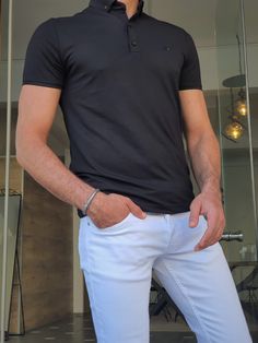 Ely Black Slim Fit Polo T-Shirt Fashion Week Aesthetic, Polo Shirt Outfits, Code Black, Slim Fit Polo, Polo Tees, Fashion Aesthetics, Trending Fashion Outfits, Smart Casual Outfit, Black Polo