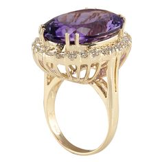 Stamped: 14K Yellow Gold Total Ring Weight: 8.5 Grams Ring Length: N/ARing Width: N/A Gemstone Weight: Total Natural Amethyst Weight is 15.66 Carat (Measures: 20.50x15.30 mm) Color: Purple Diamond Weight: Total Natural Diamond Weight is 1.20 Carat Quantity: 26 Color: F-G, Clarity: VS2-SI1 Face Measures: 24.10x19.80 mm Sku: [702328W] Oval Amethyst Diamond Ring For Formal Events, Oval Amethyst Diamond Ring For Formal Occasions, Formal Oval Amethyst Diamond Ring, Heirloom Amethyst Ring With Accent Stones For Formal Occasions, Heirloom Amethyst Ring With Accent Stones For Formal Events, Purple Heirloom Diamond Ring For Formal Occasions, Formal 14k Gold Amethyst Ring With Center Stone, Heirloom Purple Diamond Ring For Formal Occasions, Formal 14k Gold Amethyst Ring With 17 Jewels