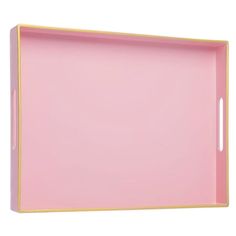 a pink tray with gold trim on the bottom and sides, in front of a white background