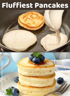 pancakes being cooked in a skillet with butter and blueberries on the side, and then topped with cream sauce