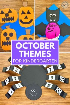 Pumpkin, bat, and spider crafts Halloween Activity For Kindergarten, Prek October Themes, Pre K October Themes, October Art For Kindergarten, Prek October Activities, Fall Math Crafts Kindergarten, October School Themes, Math Halloween Craft, October Lesson Plans For Kindergarten