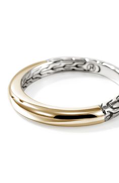 A sleek band design handcrafted from smooth 14-karat gold and engraved sterling silver brings versatile contrast to this ring. Sterling silver/14k gold Imported Luxury Stackable Rings With Thick Band, White Gold Stackable Rings With Polished Finish, Byzantine Jewelry, John Hardy Jewelry, Sterling Silver Rings Bands, Band Design, John Hardy, Silver Band Ring, Sterling Silver Bands