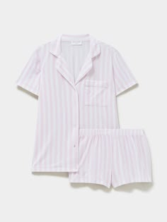 For the most luxurious night’s sleep, the Short Pyjama Set in Pale Pink Stripe print is the ultimate choice. Elevating every night-time ritual, slow Sunday morning and indulgent lazy day, this is comfort like no other. Made from 95% biodegradable TENCEL™ Modal x Micro (AKA trees!). Proven to be more than twice as soft as cotton. Cloud-soft, breathable, feminine, and comfortable. Sustainable nightwear designed by women, for women. One tree planted with every order. Models wear a size M. Mainline - 95% TENCEL™ Modal, 5% Elastane. Lace: 91% Nylon, 9% Elastane. B-Edit - 74% TENCEL™ Modal, 19% SeaCell™ and 10% Roica V550. Soft Brushed Woven - 100% EcoVero Viscose from Lenzing. We recommend washing on a cool, 30 degree wash or by hand. Dry flat and avoid tumble drying. Light Pink Pajama Set, Pink Sleepwear, Pink Pjs, Slow Sunday, Duvet Day, Sleep Clothes, Cute Pjs, Cute Pajama Sets, Pyjama Sets