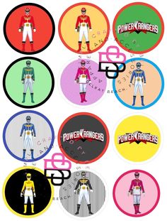 the power rangers are all different colors and logos on each one, including red, yellow, green, blue, pink, purple