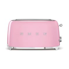 a pink toaster with the word smeg on it's front and bottom