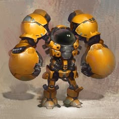 a yellow and black robot standing in front of a white background