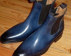 Blue Goodyear Welted Boots With Round Toe, Classic Blue Plain Toe Boots, Blue Boots With Leather Sole And Plain Toe, Blue Plain Toe Boots With Leather Sole, Black Mens Fashion Suits, Navy Blue Boots, Leather Hiking Boots, Shoe Making, Ankle Boots Men