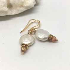 Dangle Brass Pearl Earrings, Gold-tone Metal Drop Pearl Earrings, Gold Red Earrings, Handmade 14k Gold-filled Dangle Pearl Earrings, 14k Gold-filled Dangle Earrings With Pearl Charm, Adjustable 14k Gold-filled Pearl Drop Earrings, Coin Pearls, Red Earrings, Czech Glass Beads