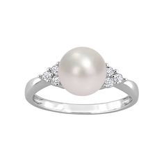 Featuring a lustrous freshwater cultured pearl and dazzling diamond side stones, this Stella Grace ring is a stylish complement to your wardrobe.Click on this JEWELRY & WATCHES GUIDE to learn about fit, styles, materials and more! Width: 8.4 mm Metal: sterling silver Plating: rhodium Finish: polished Packaging: boxedDIAMOND DETAILS Total weight: 1/8 ct. Shape: round Setting: prongCULTURED PEARL DETAILS Type: freshwater Size: 8 mm - 8.5 mm Shape: round Color: white Diamond weights are approximate White Pearl Ring With Diamond Accents And Akoya Pearl, Timeless White Gold Pearl Ring With Diamond Accents, Classic White Pearl Ring With Diamond Accents, White Akoya Pearl Rings With Diamond Accents, Timeless Anniversary Pearl Ring With Diamond Accents, Timeless Pearl Ring With Diamond Accents For Anniversary, Timeless Diamond-white Pearl Ring With Diamond Accents, Timeless Diamond White Pearl Ring With Diamond Accents, Classic White Gold Pearl Ring With Diamond Accents