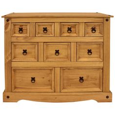 a wooden dresser with many drawers and knobs on the top drawer, isolated against a white background