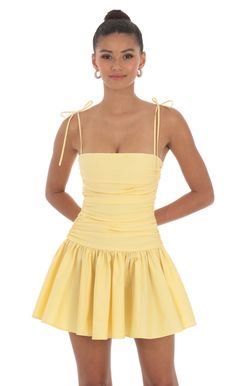 Ruched Fit and Flare Dress in Yellow | LUCY IN THE SKY Yellow Hoco Dress, Cute Homecoming Dresses, Yellow Mini Dress, Rush Dresses, Hoco Dress, Looks Party, Lucy In The Sky, Grad Dresses, Hoco Dresses