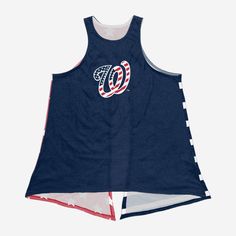 What this Washington Nationals Women's Americana Tie Back Sleeveless Top lacks in sleeves, it more than makes up for in patriotic team pride! Features All-over team-colored design on front so you can rep the team in style Team logo display and team-colored American flag-style wordmark team name display on front, in case there were any doubts where your allegiances lie Reverse side with two team-colored stars and stripes-designed tie-able ends that will look great at every Memorial Day and Fourth Fourth Of July Barbecue, American Flag Fashion, Logo Display, Toned Arms, Washington Nationals, Team Name, Colour Star, Team Names, Unisex Style