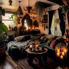 a living room filled with lots of plants and candles